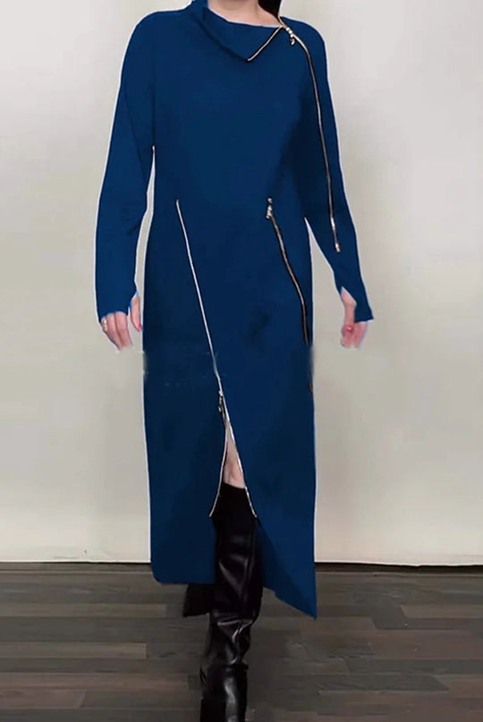 Damen nan langes Strickkleid mit asymmetrischen Metallreißverschlüssen und Frontschlitz R&B