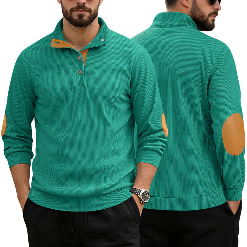 Herren nan lässiger Strukturpullover mit Polokragen, kurzer Knopfleiste und veganen Lederbesätzen R&B