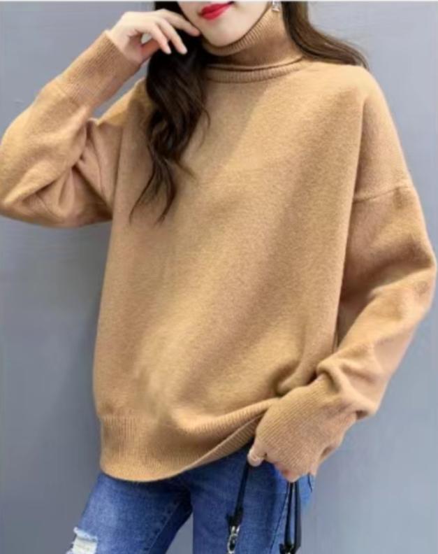 Damen Oversized Pullover mit hohem Kragen und Puffärmeln R&B