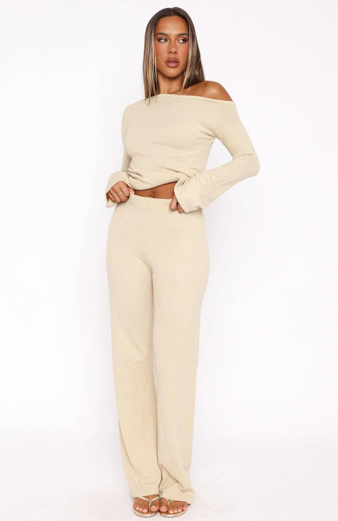 Damen elegantes Strick-Set mit Off-Shoulder-Oberteil und weiter Hose R&B