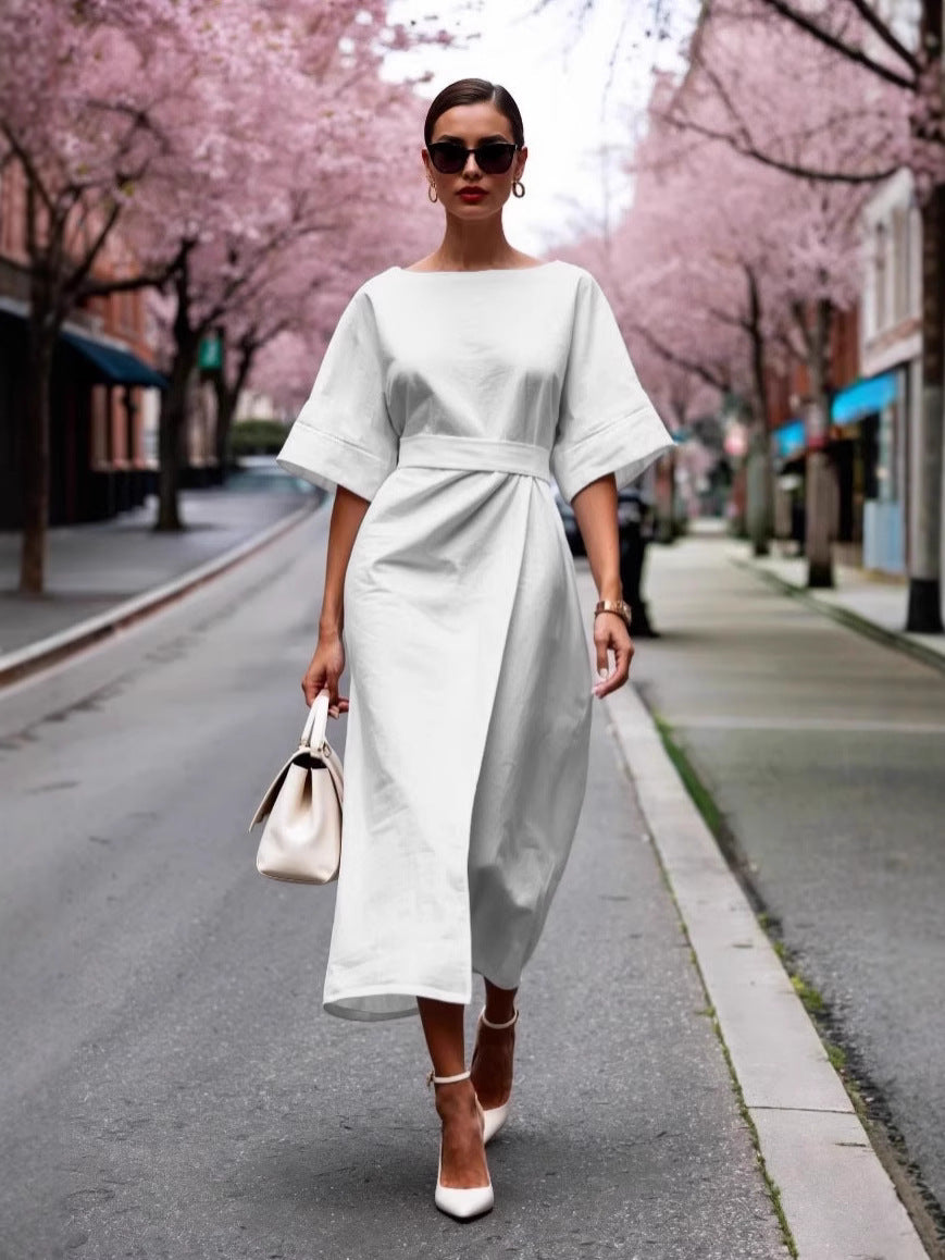 Damen elegantes Midikleid mit breitem Taillengürtel und weiten Ärmeln R&B