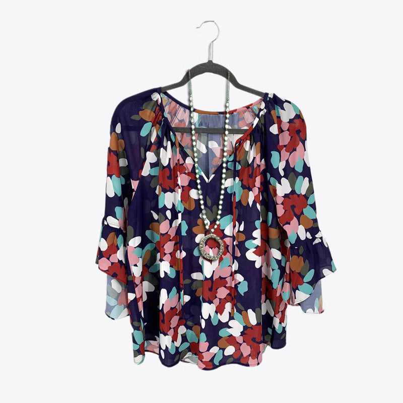 Damen luftige Bluse mit buntem Blumendesign und eleganten Rüsenärmeln R&B