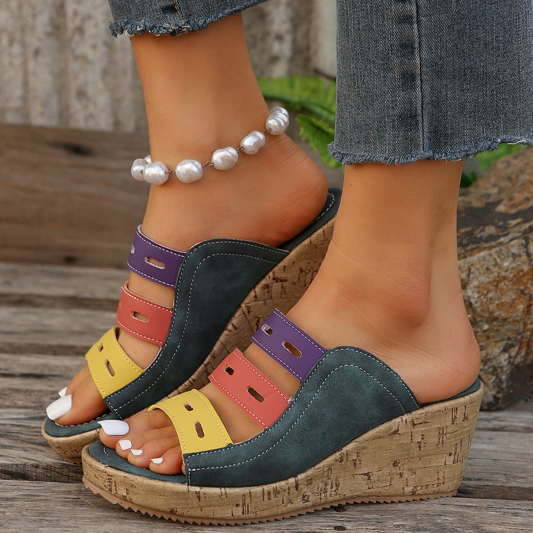 Damen modische Wedge-Pantoletten mit farbigen Trägern und komfortabler Sohle R&B
