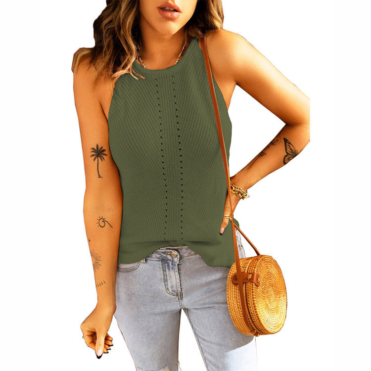 Damen ärmelloses Stricktop mit Rippstruktur und dekorativem Lochmuster R&B