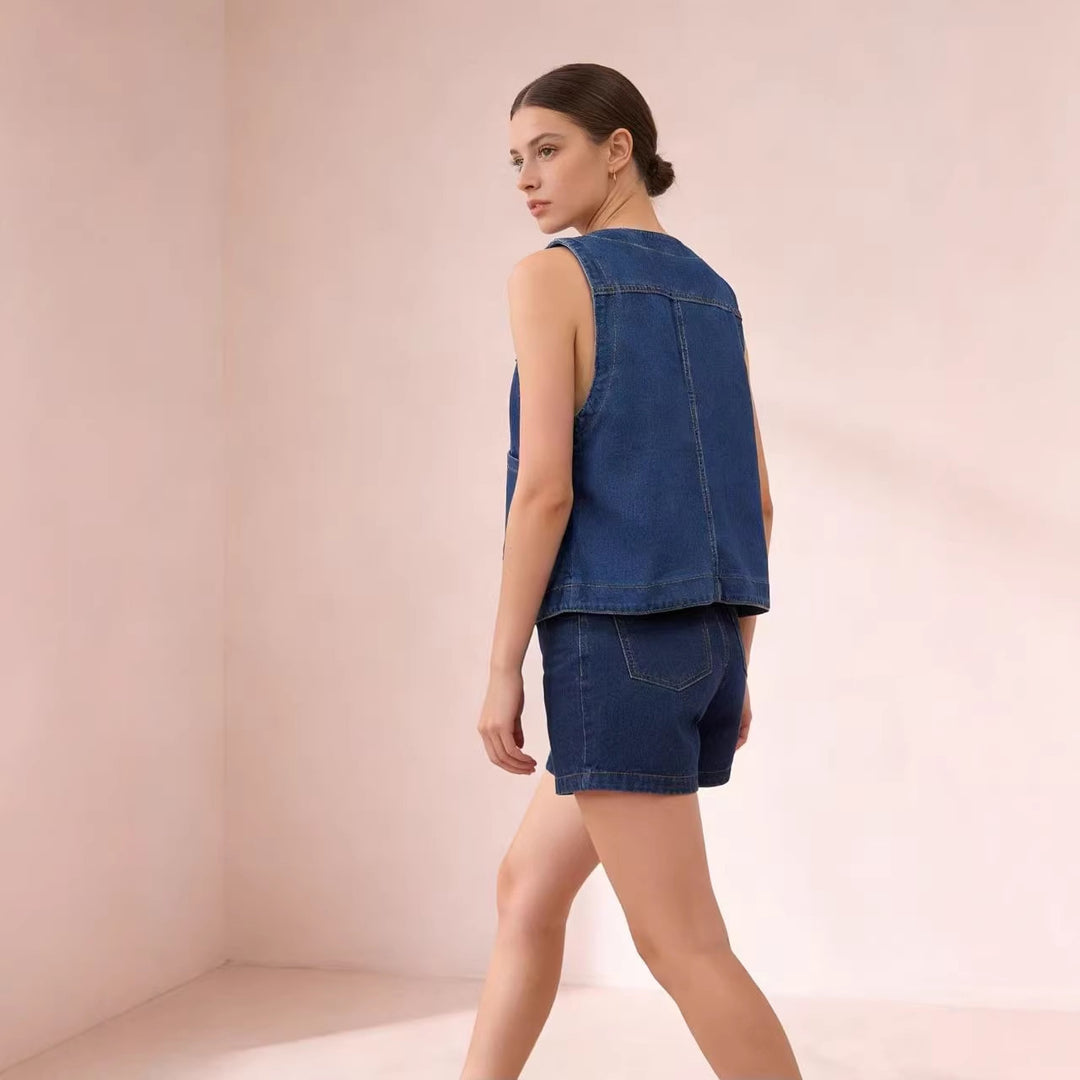Damen lässige Denim-Weste mit Knopfdetails und aufgesetzten Taschen R&B