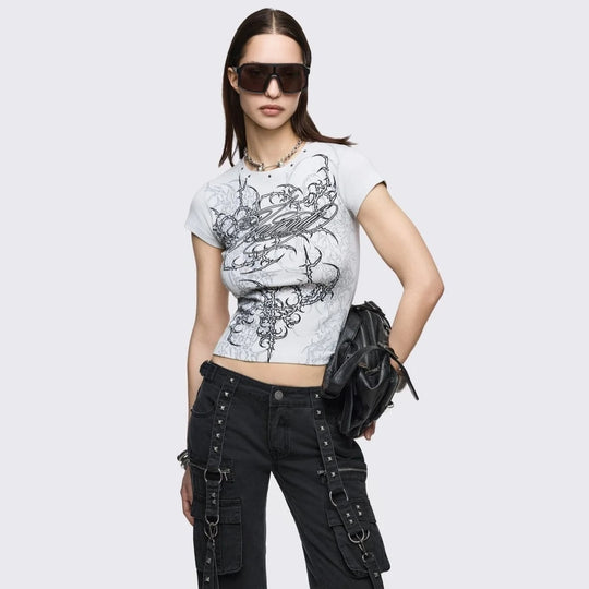 Damen Figurbetontes Kurzarm-T-Shirt mit Grafischem Design R&B
