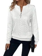 Damen Sweatshirt mit Zopfmuster und halbem Reißverschluss R&B