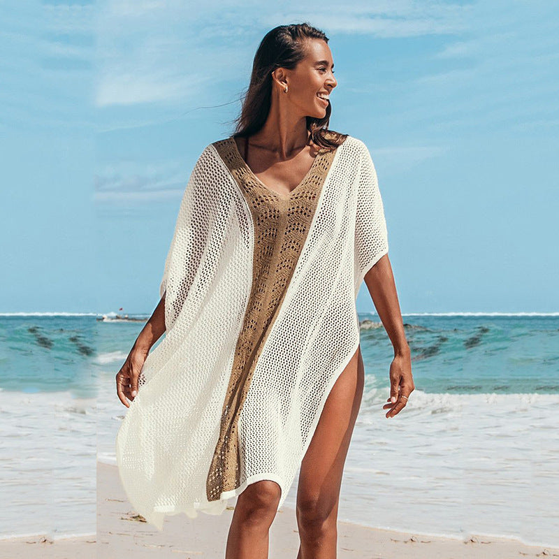 Damen Strandkleid mit romantischem Häkelmuster und voluminösen Ärmeln R&B