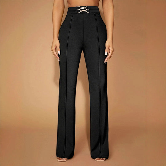 Damen Elegante High-Waist-Hose mit modischem Doppelschnallen-Detail R&B