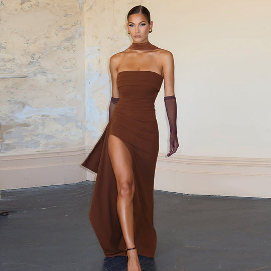 Damen Elegantes Trägerkleid mit seitlicher Drapierung und hochgeschlossenem Ausschnitt R&B