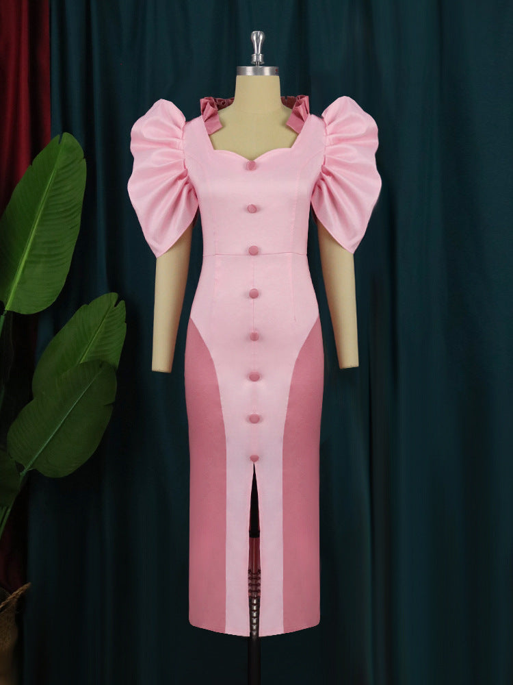 Damen Cocktailkleid mit voluminösen Puffärmeln und elegantem Schlitz R&B