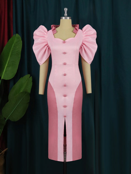 Damen Cocktailkleid mit voluminösen Puffärmeln und elegantem Schlitz R&B