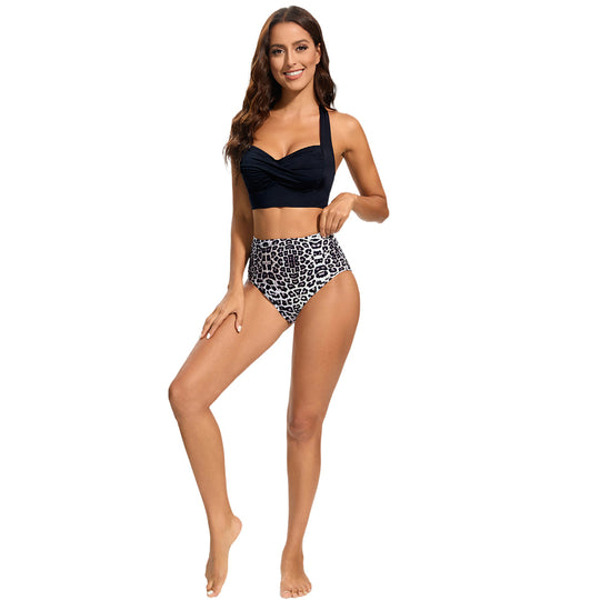 Damen Hochtailliertes Bikini-Set mit gepolstertem Top und Leopardendesign R&B