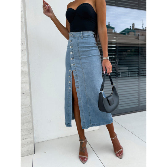 Damen Denim-Midirock mit seitlichem Schlitz und Knopfdetails R&B