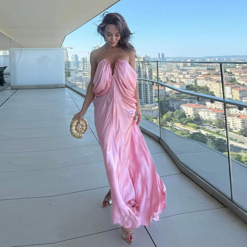 Damen Elegantes Maxikleid mit fließendem Satin und Spaghettiträgern R&B