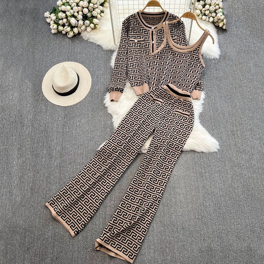 Damen modisches Strick-Loungewear-Set mit geometrischem Muster und Cardigan R&B