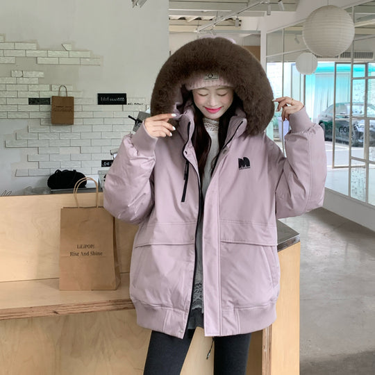 Damen Oversized Winterjacke mit abnehmbarem Kunstfellkragen und großen Taschen R&B
