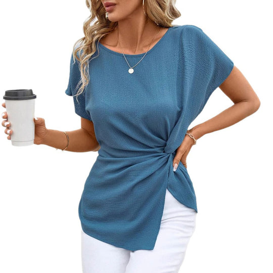 Damen nan tailliertes Kurzarm-Drapéshirt mit seitlicher Knotenschlinge und strukturierter Crêpeoptik R&B