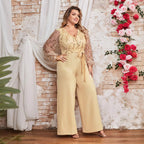 Damen Jumpsuit mit funkelnden Verzierungen und transparenten Ärmeln R&B