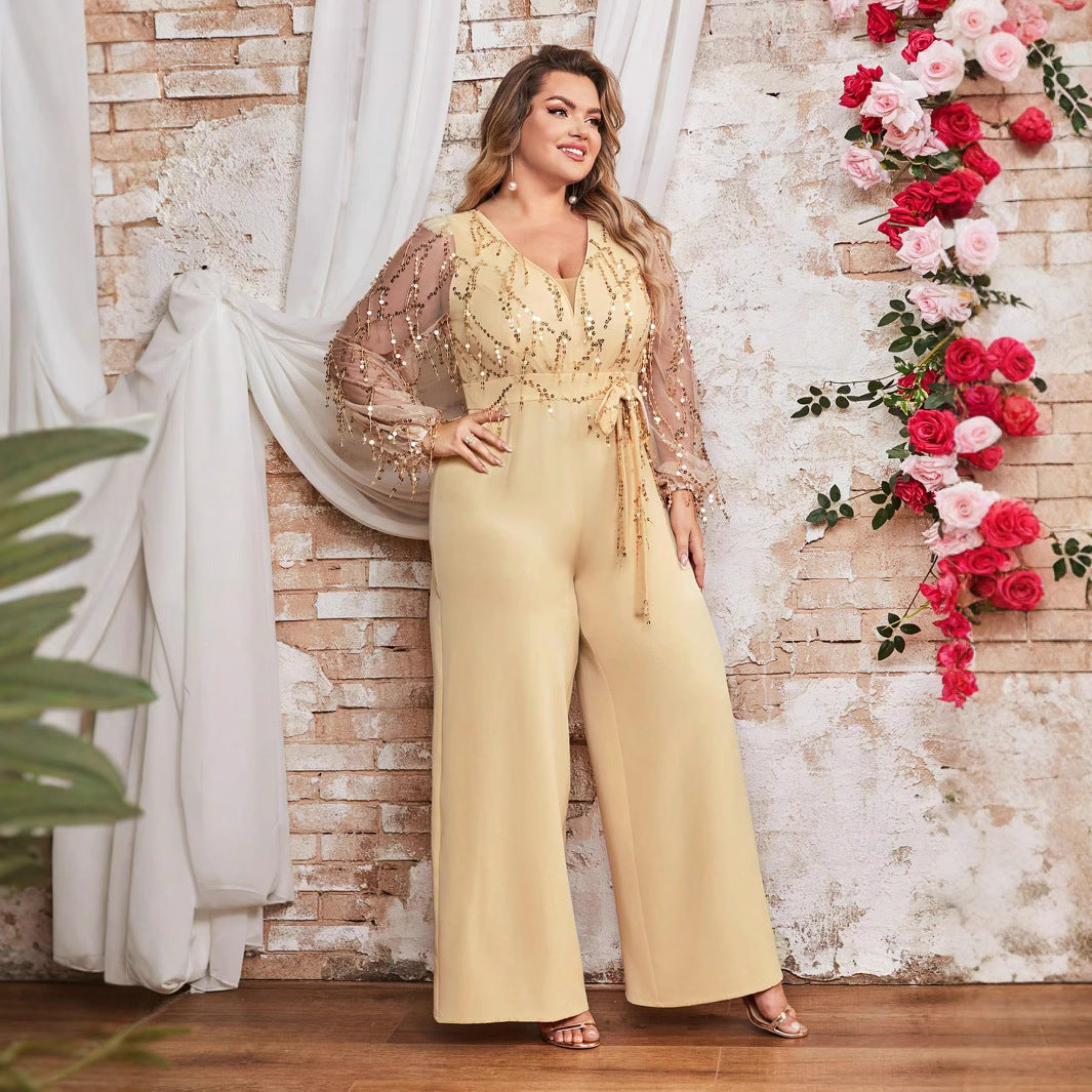 Damen Jumpsuit mit funkelnden Verzierungen und transparenten Ärmeln R&B