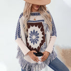 Damen eleganter Strickponcho mit kunstvollem Muster und fransigem Abschluss