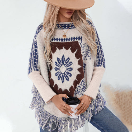 Damen eleganter Strickponcho mit kunstvollem Muster und fransigem Abschluss R&B