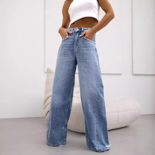 Damen Weit geschnittene Jeanshose mit hohem Bund und lässigem Stil R&B