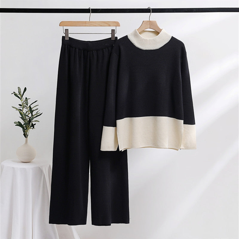 Damen elegantes Strick-Loungewear-Set mit weitem Bund und dekorativem Kragen R&B