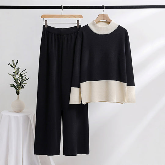 Damen elegantes Strick-Loungewear-Set mit weitem Bund und dekorativem Kragen R&B