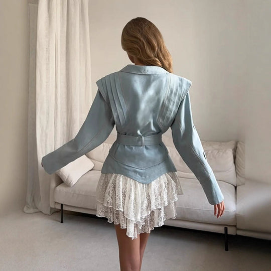 Damen blazer mit voluminösen Ärmeln und elegantem Bindegürtel R&B
