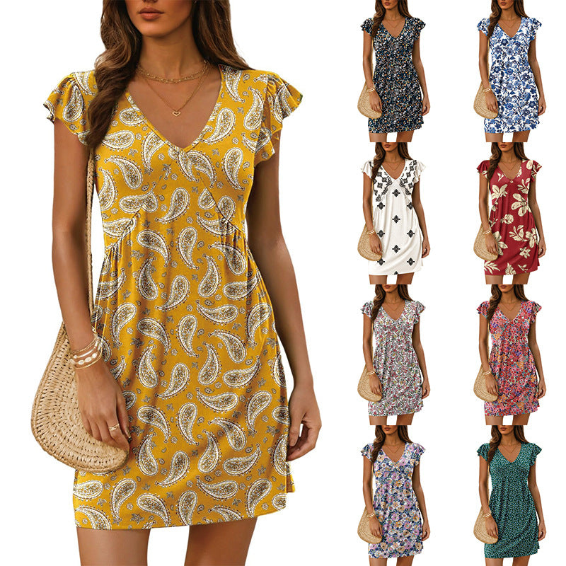 Damen luftiges sommerliches Kleid mit floralem Muster und V-Ausschnitt R&B