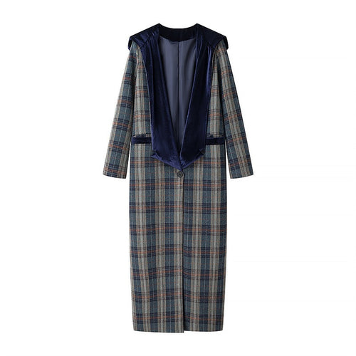 Damen Langer Blazer mit eleganter Karomusterung und luxuriösem Samtkragen R&B