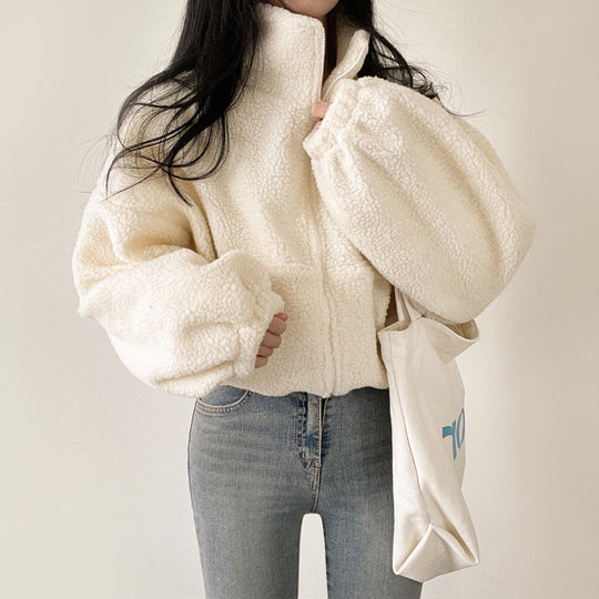 Damen kuschelige Fleece-Jacke mit hohem Kragen und Reißverschluss R&B
