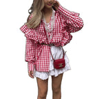 Damen Puffärmel Gingham Knopf-Down Hemd