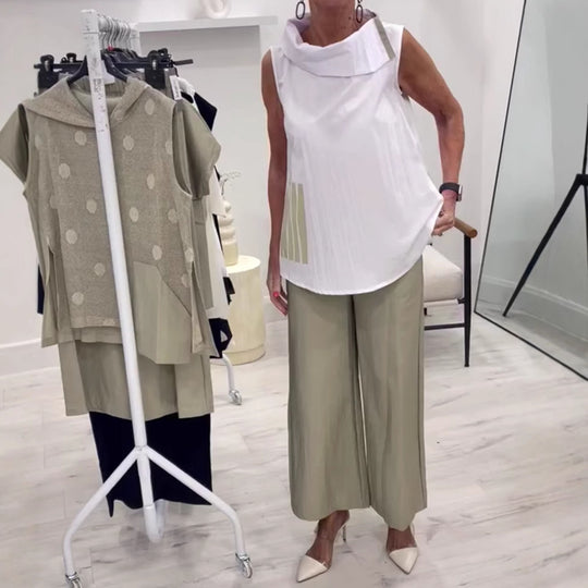 Damen nan ärmelloses Blusentop mit weitem Schalkragen, lockerer A-Linie und seitlicher Zierpasse R&B