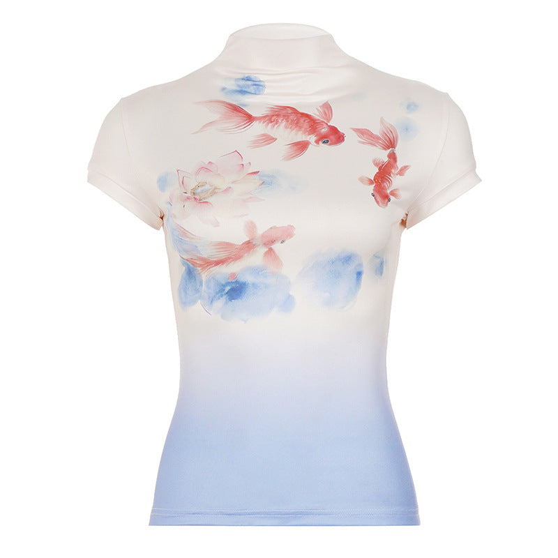 Damen figurbetontes Kurzarmshirt mit floralem Design und Stehkragen R&B