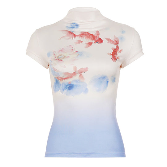 Damen figurbetontes Kurzarmshirt mit floralem Design und Stehkragen R&B