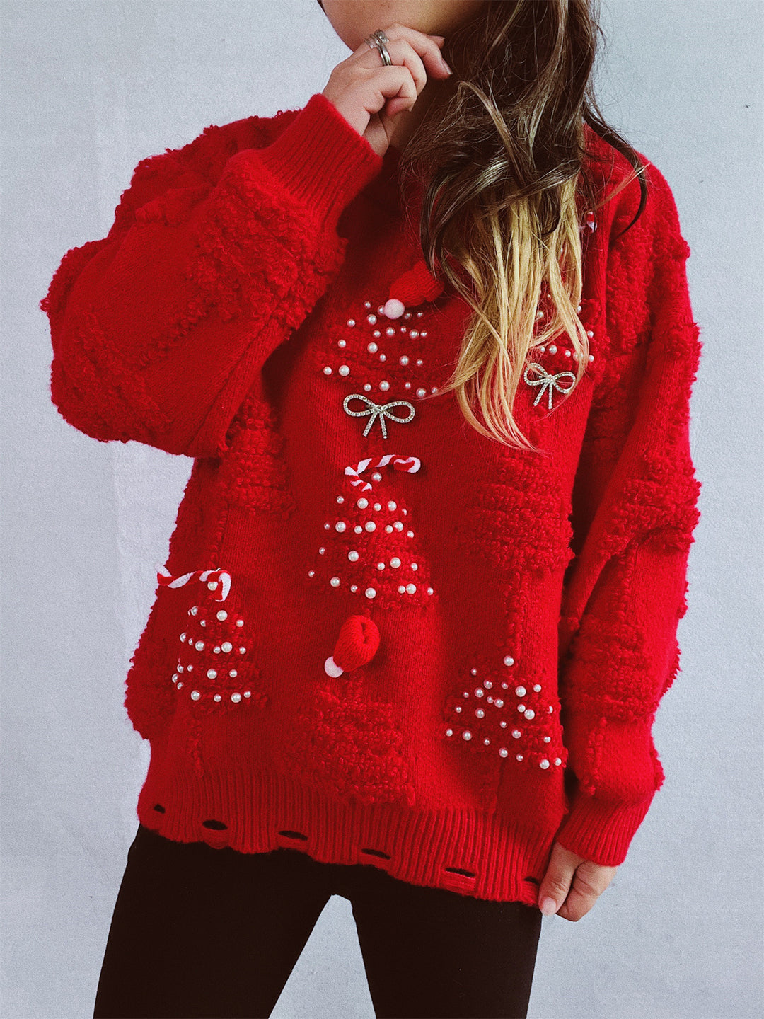 Damen festlicher Pullover mit kreativen Weihnachtsmotiven und strukturiertem Design R&B