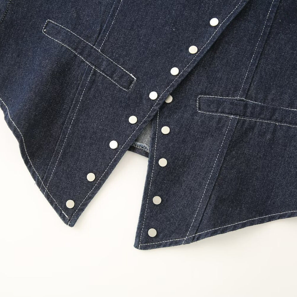 Damen elegante Denim-Weste mit dekorativen Druckknöpfen und lässigem Schnitt R&B