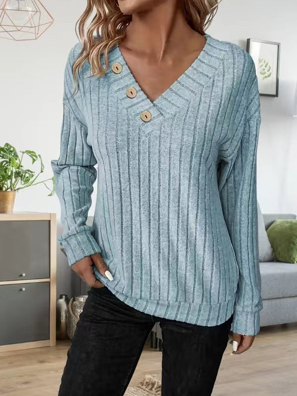 Damen lässiger V-Ausschnitt Pullover mit Knopfdetails und feinem Rippenmuster R&B