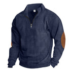 Herren nan gerippter Feinstrick-Pullover mit kurzem Reißverschluss Stehkragen und Lederoptik-Ellbogenpatches R&B
