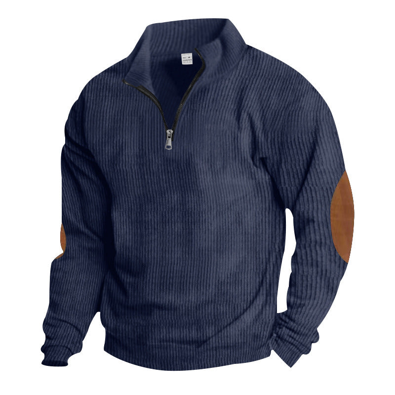 Herren nan gerippter Feinstrick-Pullover mit kurzem Reißverschluss Stehkragen und Lederoptik-Ellbogenpatches R&B