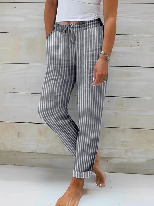 Damen entspannte Baumwoll-Streifenhose mit verstellbarem Bund R&B