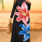 Damen Maxikleid mit floralem Design und langem Ärmel