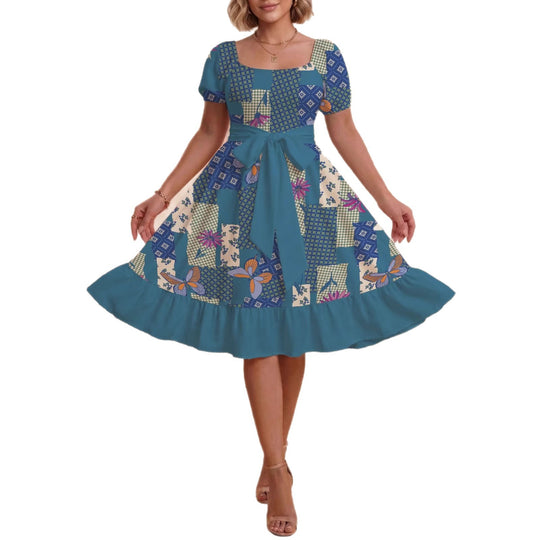 Damen Retro Maxikleid mit Puffärmeln und Taillengürtel R&B