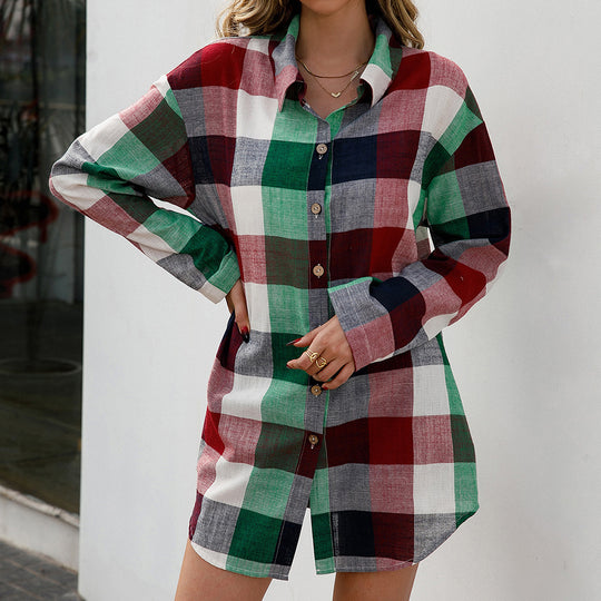 Damen Karierter Hemdblusenkleid aus hochwertigem Material mit langen Ärmeln R&B