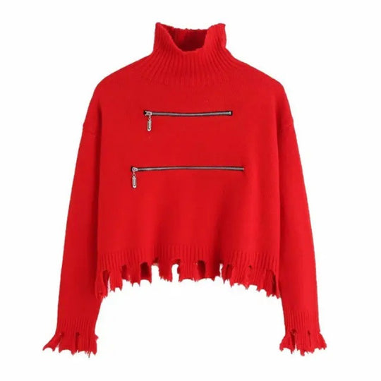 Damen Modischer Strickpullover mit Stehkragen und Reißverschlussdetails R&B