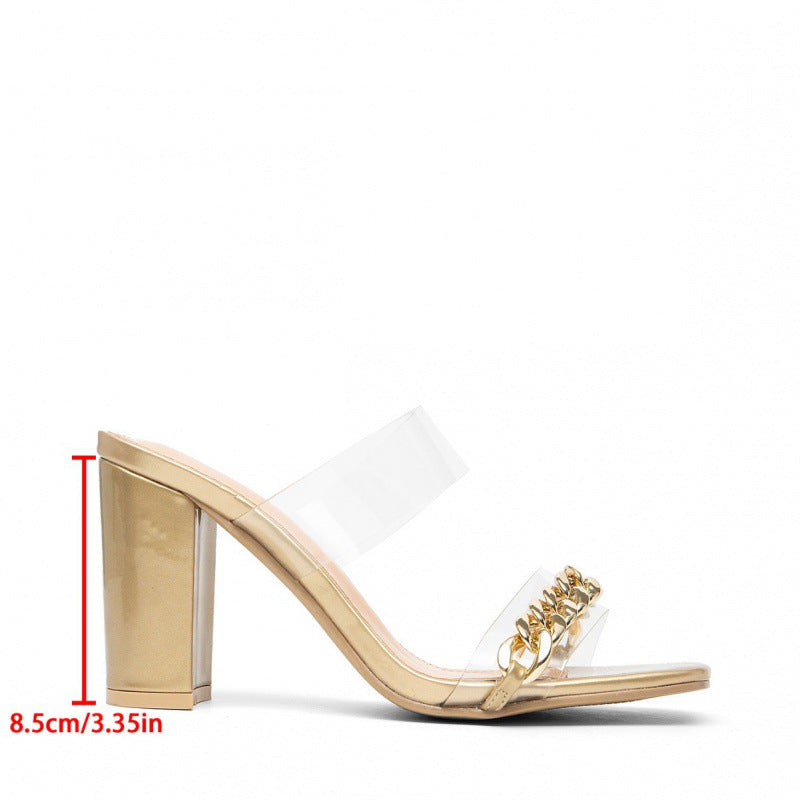 Damen transparente Slingback-Sandalen mit elegantem Blockabsatz und Metallkettendetail R&B