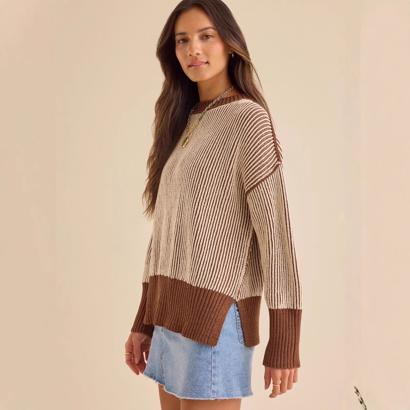 Damen lässiger Strickpullover mit modernem Rippenmuster und überschnittenen Schultern R&B