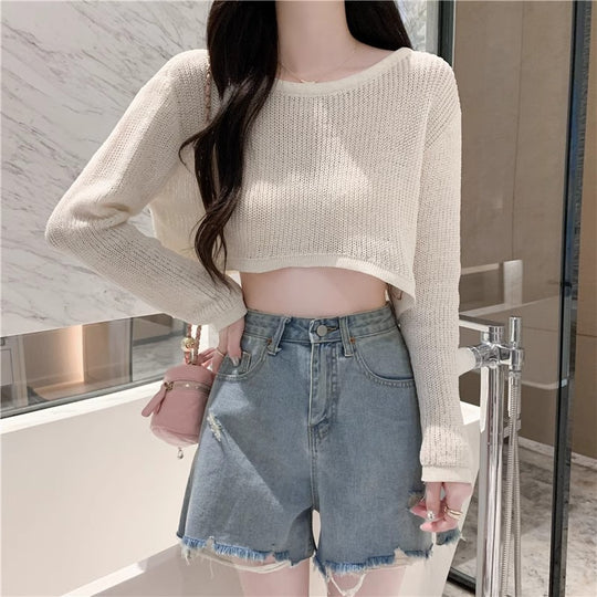 Damen Cropped Strickpullover mit feinem Gewebemuster und lässigen Schulterpartien